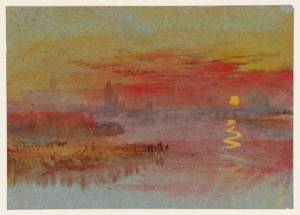 Turner. The Sacarlet Sunset. Acuarela y aguada sobre papel azul, 13,4 x 18,9 cm. Tate Collection, Londres.